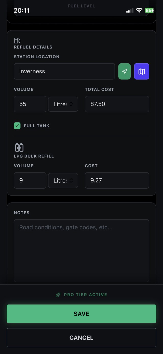 Stops & Stays app: a fill-up, logged at the pump