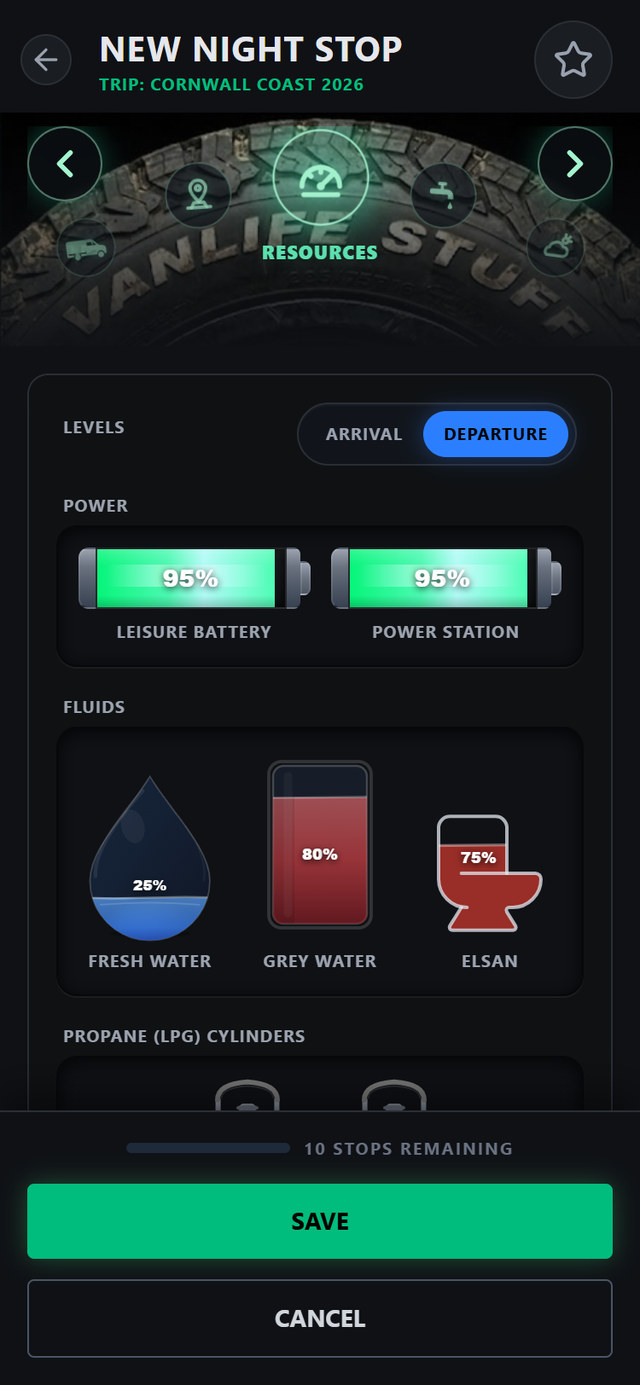 Stops & Stays app: arrival and departure levels: water, power, cassette