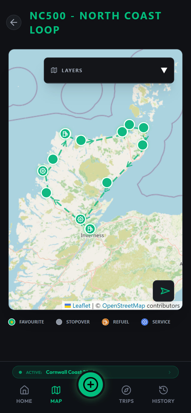 Stops & Stays map view with every logged stop and favourite pinned