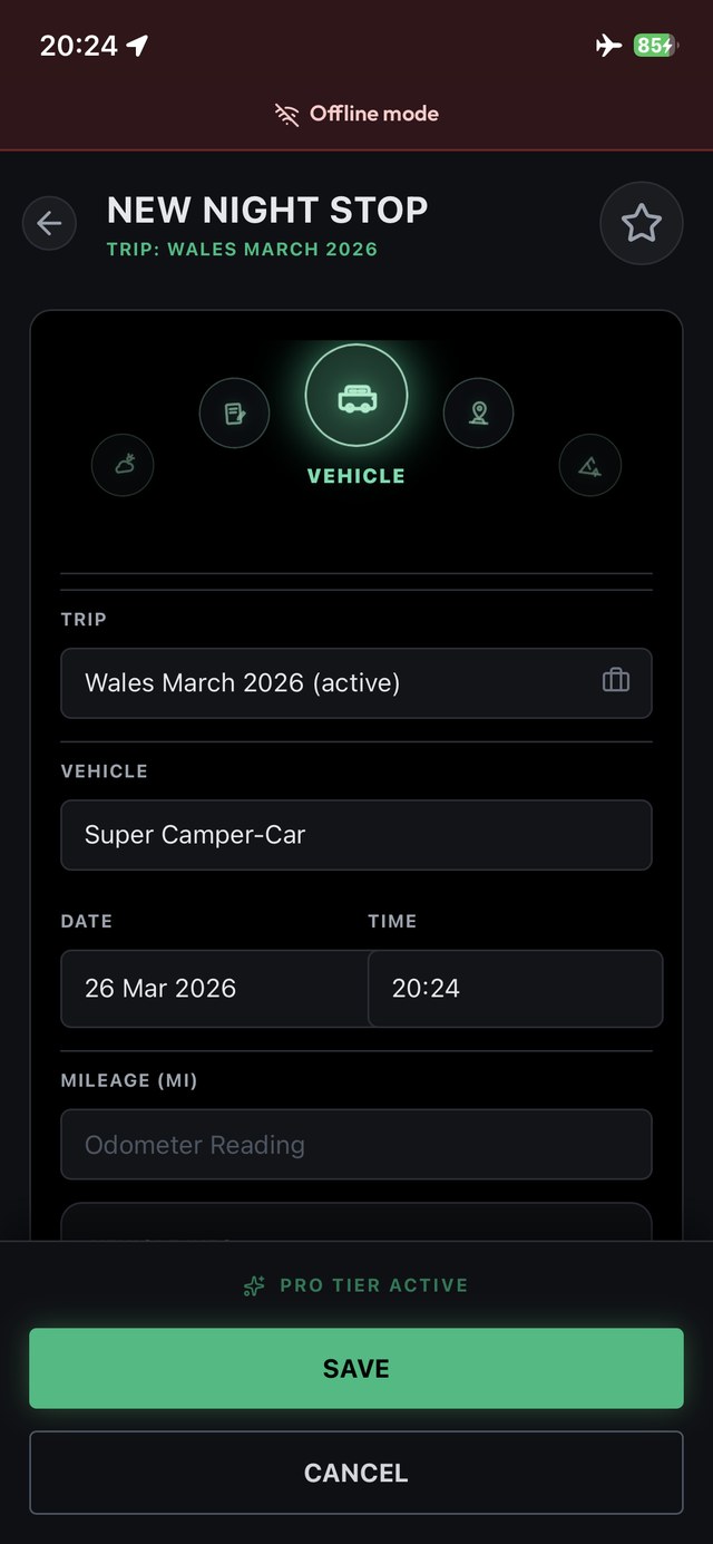 Stops & Stays app: offline mode on. logging anyway.