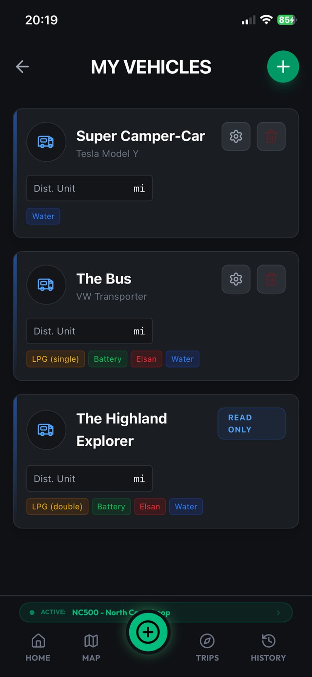 Stops & Stays app: three vehicles, three honest profiles